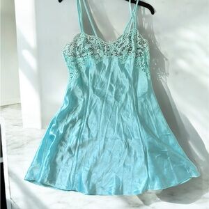 Vintage Victoria's Secret mini slip dress Blue Lace trim Chemise lingerie size m